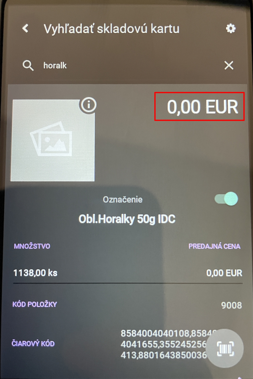Info o karte, kontrola cien, nulova cena